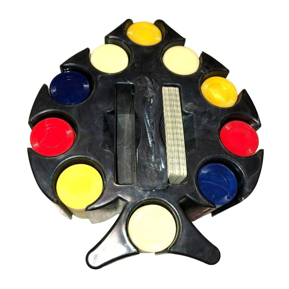 Vintage Poker Chip Caddy with Chips 10"x 9" x 4" Black Swirled Swivels